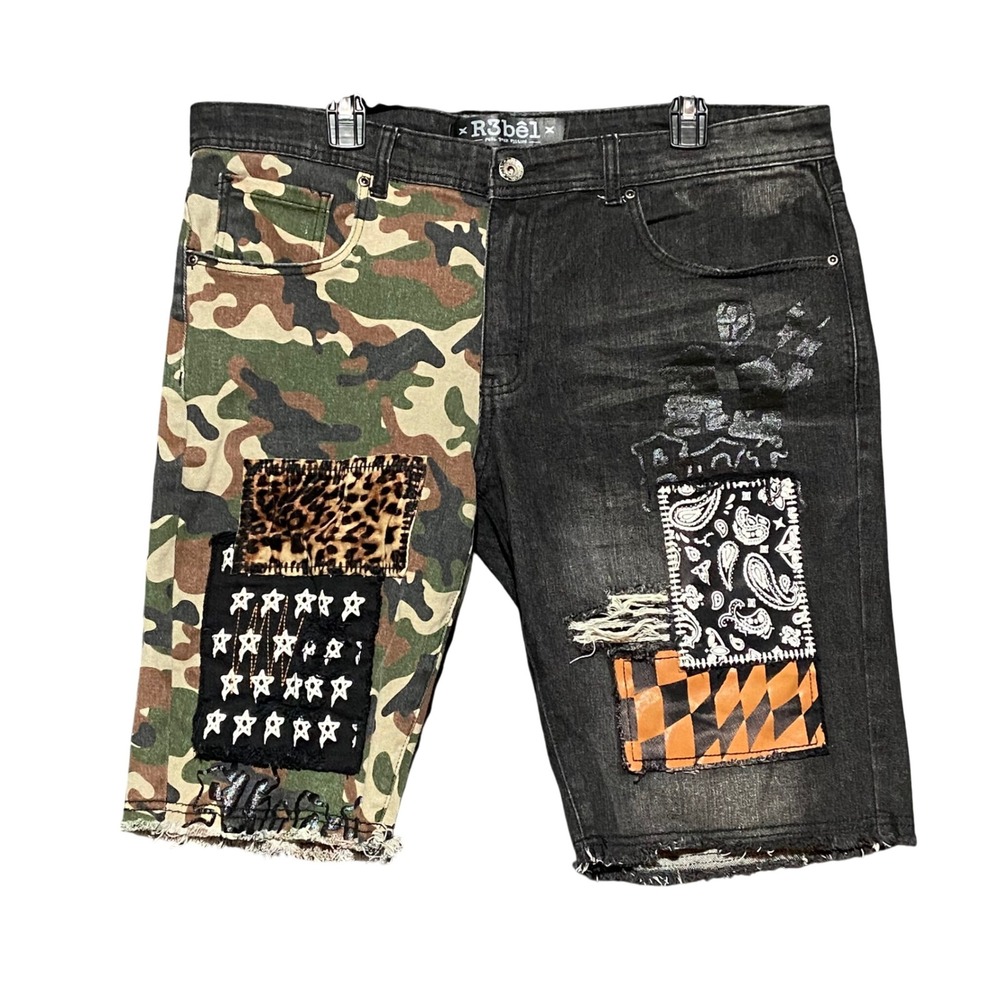 R3bel Mens Size 36 Split Camo Black Denim Shorts Patchwork Distressed Raw Hem